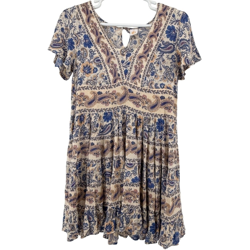 Bila Boho Paisley Dress Womens Small Blue Beige Flutter Sleeve Babydoll Flowy